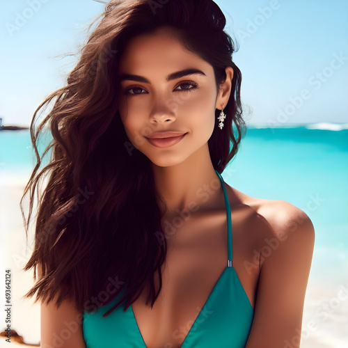 Mujer latina en playa paradisiaca