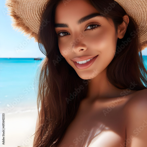 Mujer latina en playa paradisiaca