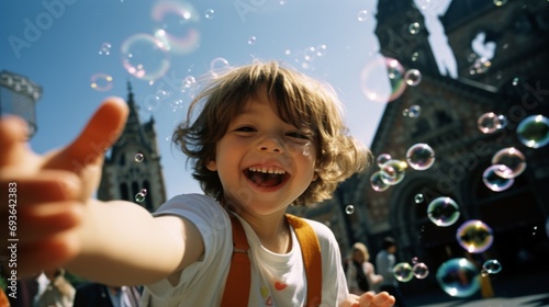 Little boy running happily among bubbles