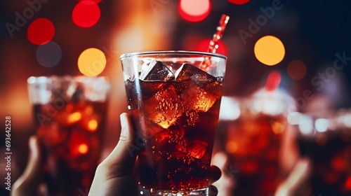 New Year's Eve Party, People holding coke drinks while dancing ,with blurred background