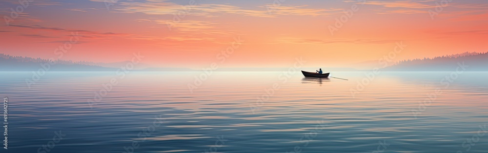 A lonely boat on quiet water in the morning - obrazy, fototapety, plakaty 