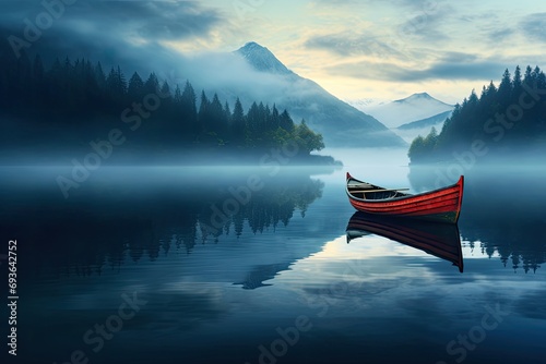 A lonely boat on quiet water in the morning photo