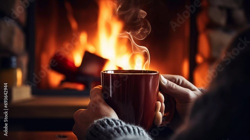 close-up photo of a cup of hot coffee near the Christmas fireplace, a man relaxing near a warm fire with a cup of drink in Winter, Christmas holiday concept