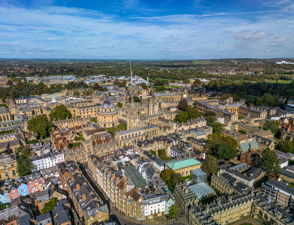 The drone aerial view of downtown district of  Oxford, England. 