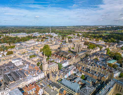 The drone aerial view of downtown district of  Oxford, England.  photo