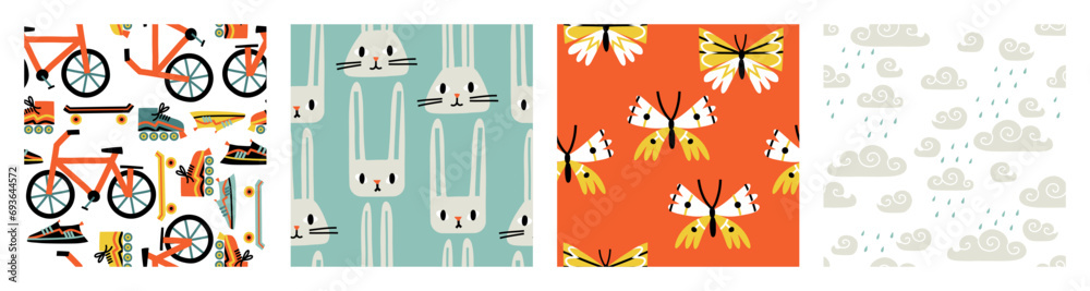 Set of seamless patterns on the theme of spring, swifts, rabbits, rainbows, butterflies, flowers. Vector illustration in flat style. Set of seamless patterns on the theme of spring, swifts, rabbits, rainbows, butterflies, flowers. Vector illustration in flat style.