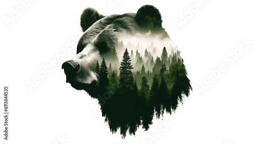 Double exposure abstract digital art combining a silhouette of a bear's face with a forest scene, isolated on a white background