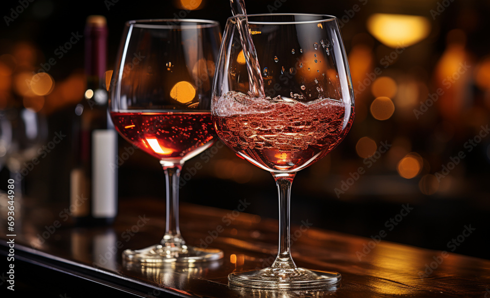 Obraz premium Wine Art: Fascinating Detail of Red Wine Poured into the Glass, Exploring the Magic of Flavors. The Charm of Red Wine, An Engaging Close-up That Reveals All Its Elegance.