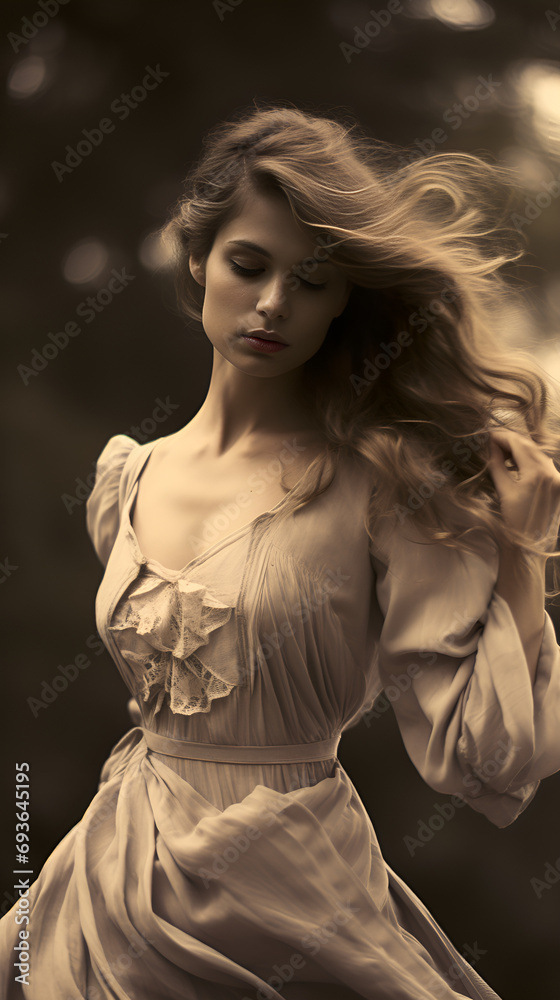 Portrait of elegant victorian young woman in sephia. Generative AI	