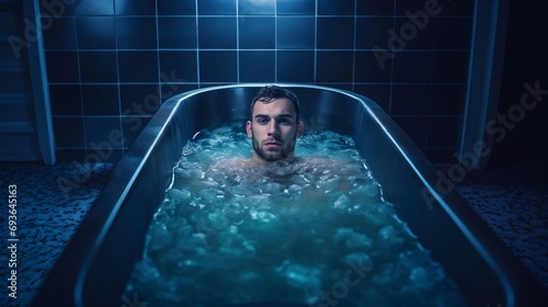 Young Man Doing A Cold Plunge.  (Generative AI). photo
