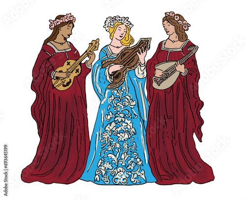 Illustration of three medieval women playing stringed instruments, lutes, flowers in hair