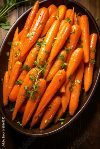 Neatly arranged glazed carrots on a rustic wooden table, garnished with fresh thyme. Bright and inviting colors, illuminated by natural daylight. Generative AI.
