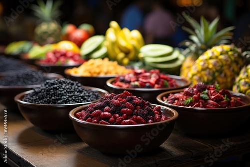 Acai in the local market, with piles of colored bowls and tropical fruits., generative IA