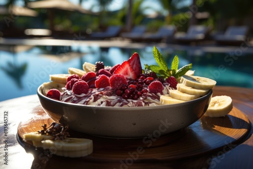 Acai bowl by the pool, providing total relaxation under the sun., generative IA