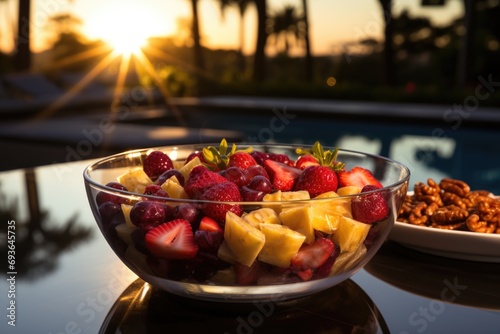 Acai bowl by the pool, providing total relaxation under the sun., generative IA photo