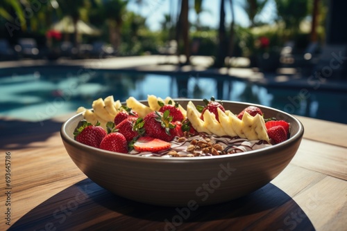 Acai bowl by the pool, providing total relaxation under the sun., generative IA