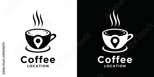 Vector logo for coffee shop location. Coffee search logotype. coffee cup and navigation sign