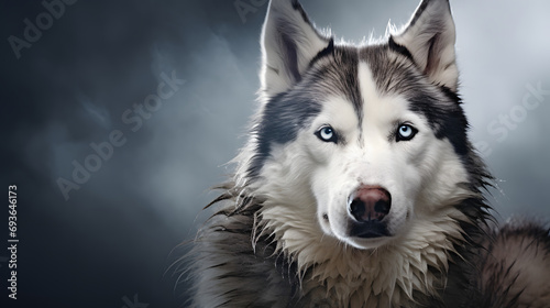 Intense Blue-Eyed Siberian Husky Portrait Against Stormy Sky photo