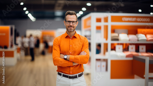 Mid adult promoter man with glasses, wearing an orange shirt in the middle of a stand in exhibition hall event trade