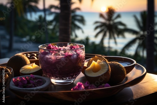 Acai bowl on a balcony overlooking the sea with high coconut trees in sight., generative IA
