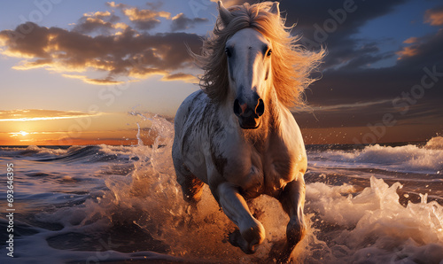 White horse running on the sea shore at sunset. Beautiful white stallion with long mane galloping on the beach at sunset.