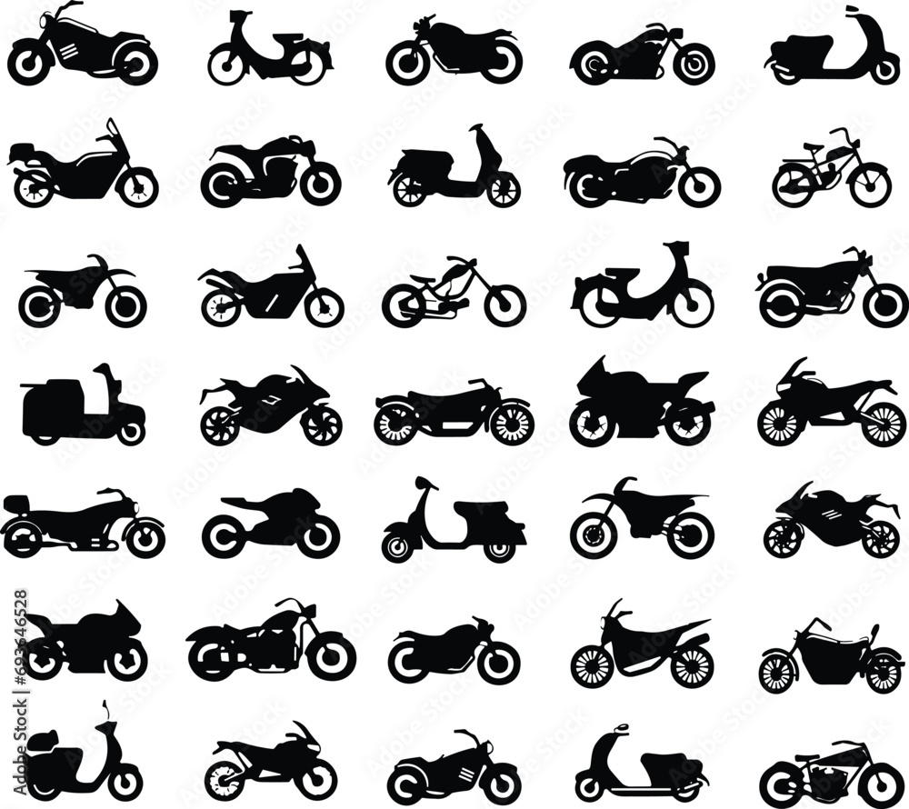 Motorbike set. Motor transport, motorcycle delivery, motor cycle for motocross, bicycle activity, engine. Modern vehicles, scooter, bikes and choppers. Vector illustration. Motor or heavy bike