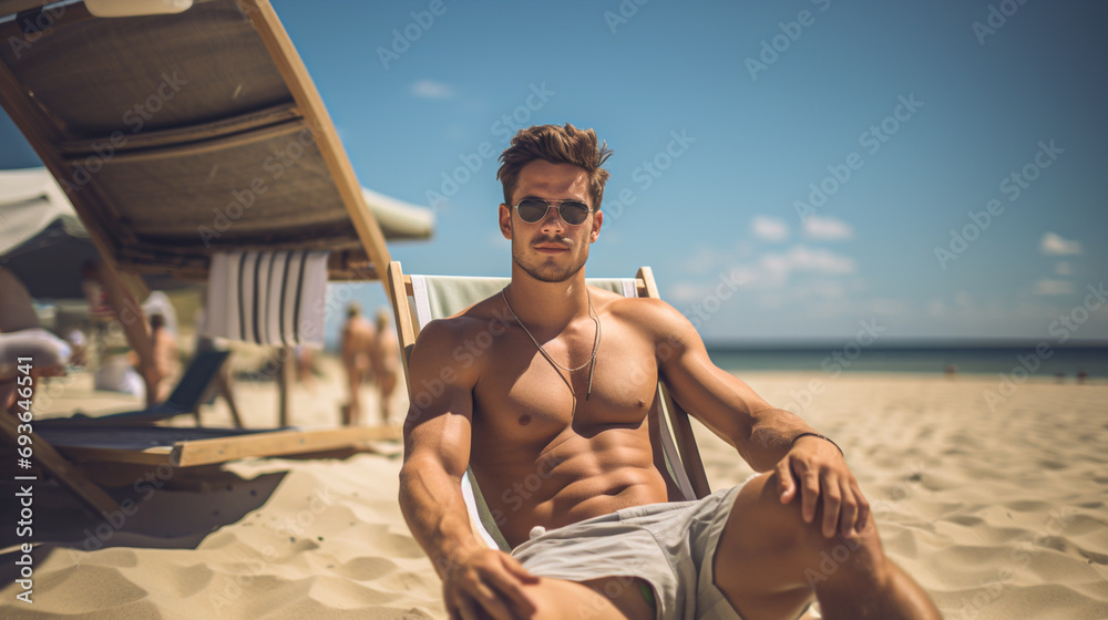 tanned, attractive, shirtless man with a fit body, wearing glasses, sunbathing on the beach