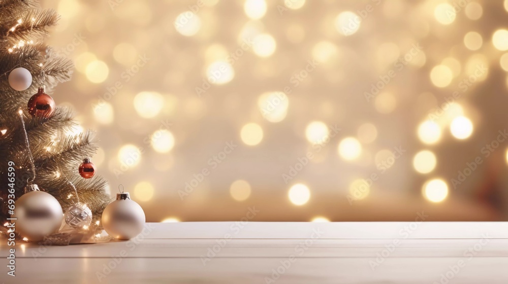 Empty white table with abstract christmas celebration decorations blurred background with lit christmas tree string lights