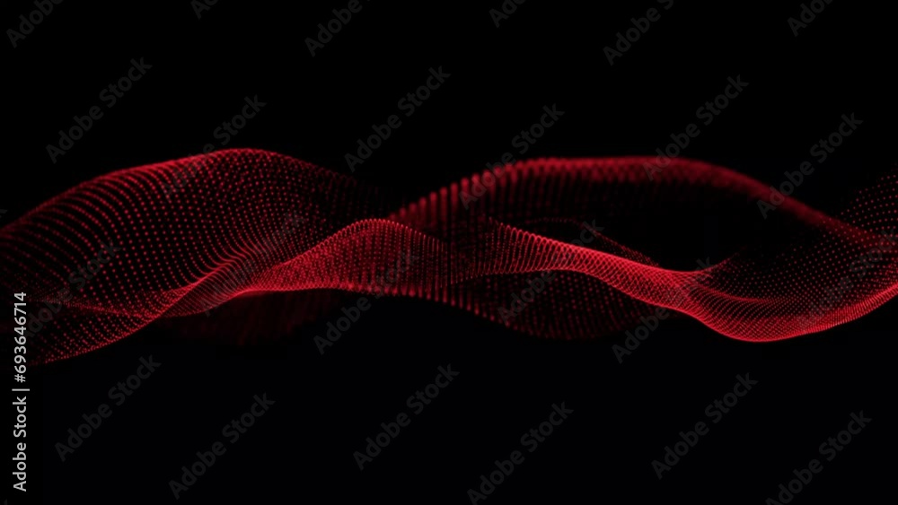 Abstract red color dots net particles flowing wave animated pattern halftone gradient curve shape isolated on black background