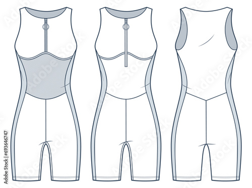 Sports Bodysuit with mesh trim technical fashion illustration. One Piece Swimsuit fashion flat technical drawing template, zipper, slim fit, front, back view, white, women Sportswear CAD mockup set.