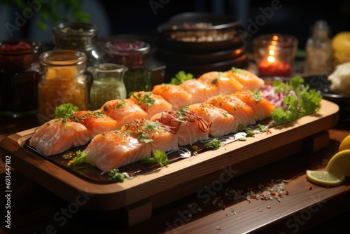 White fish sushi tray in a dark wood sushi counter in a sophisticated restaurant., generative IA