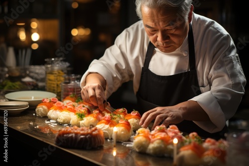 Sushi chef gently preparing Nigiris on a white marble bench with Japanese flashlights., generative IA