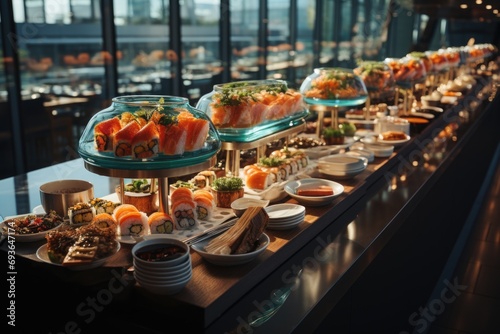 Open -style sushi dish in a modern, glass wall sushi bar., generative IA