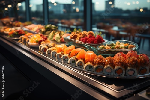 Open -style sushi dish in a modern, glass wall sushi bar., generative IA