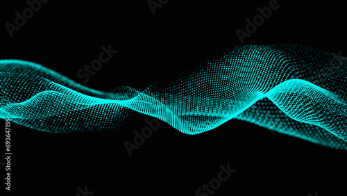 Abstract light blue color dots net particles flowing wave animated pattern halftone gradient curve shape isolated on black background