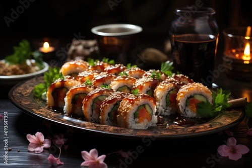 Enga sushi with Teriyaki sauce on a ceramic plate, with traditional wallpaper background., generative IA