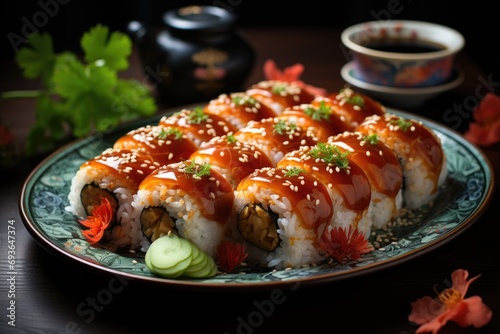Enga sushi with Teriyaki sauce on a ceramic plate, with traditional wallpaper background., generative IA