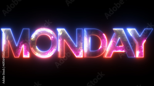 Glowing colorful light neon text day of Monday. Abstract glowing Monday text neon light effect background animation. 3d illustration rendering