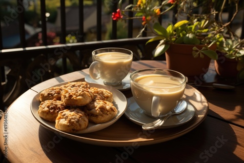 Oatmeal and bananas dumplings on a breakfast tray on a sunny balcony., generative IA