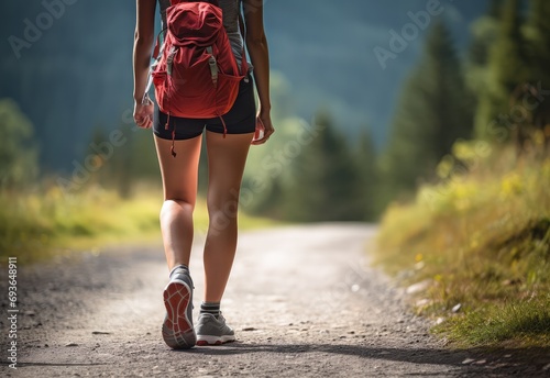 woman legs with sports shoes and a backpack walking in the mountain