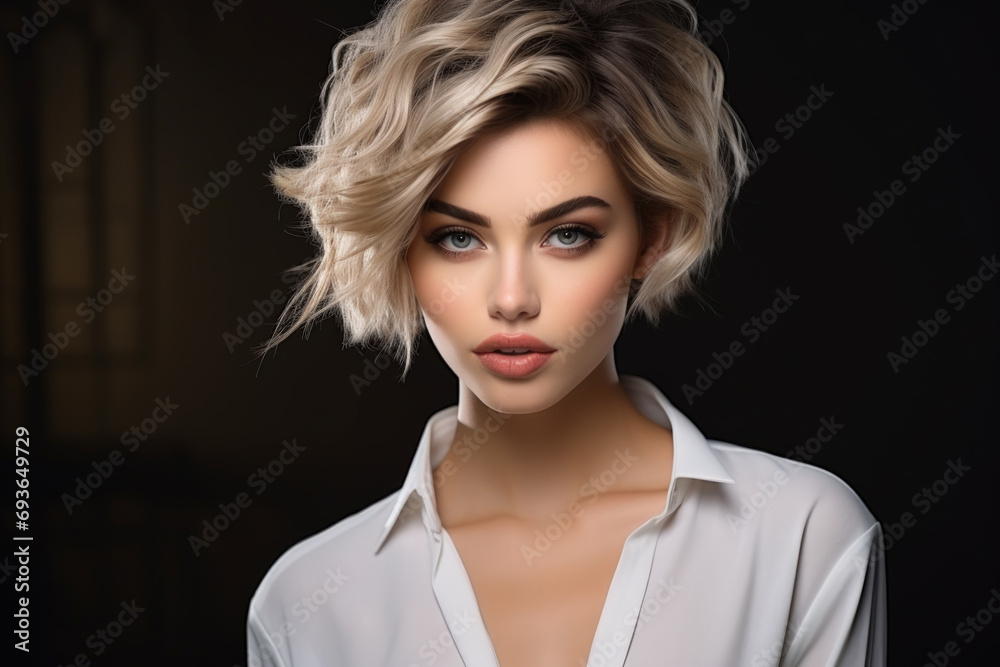 Sexy young woman with blond short hair on dark background. Face of adult girl model with modern stylish hairstyle, healthy skin. Concept of beauty, portrait, style, fashion, haircut