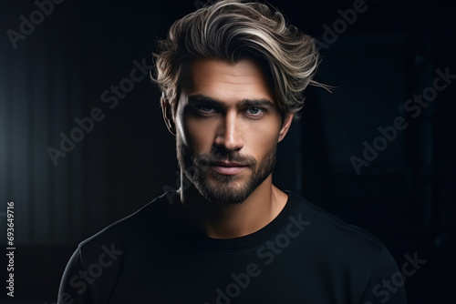 Young handsome man with short colored hair on dark studio background, portrait of bearded guy wearing black jumper. Concept of style, fashion, beauty model, male, stylish hairstyle photo
