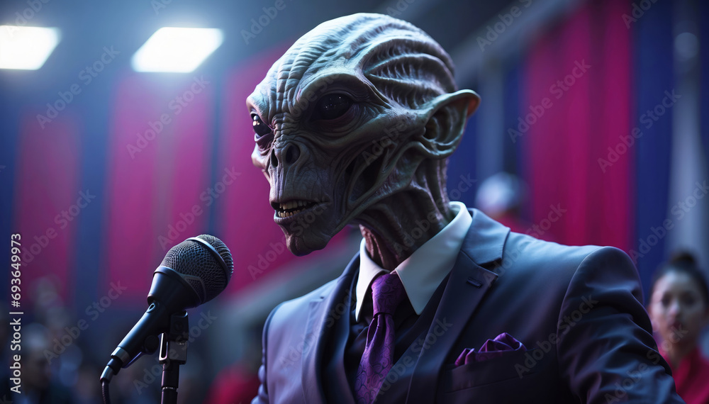 An alien politician gives a speech. - obrazy, fototapety, plakaty 