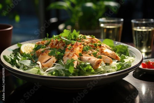 Chicken salad with spinach and sesame sauce on an outdoor table., generative IA