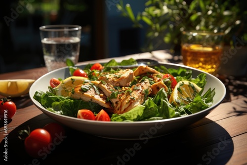 Chicken salad with spinach and sesame sauce on an outdoor table.  generative IA