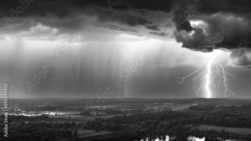 Lightning in the sky. Black and white photo of thunderstorm