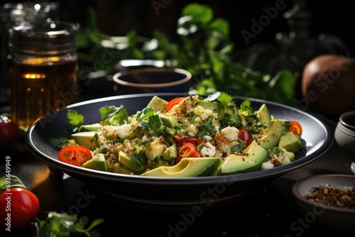 Quinoa salad with avocado on a ceramic plate in a healthy coffee., generative IA