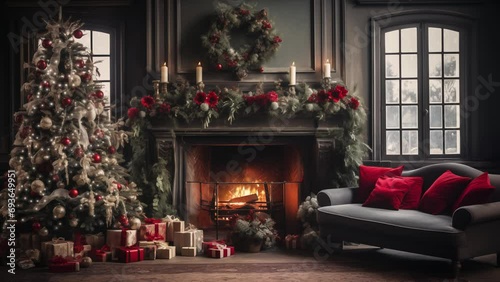 Vintage living room decorated for holidays, snowflakes falling outside, gifts arranged. Christmas atmosphere.