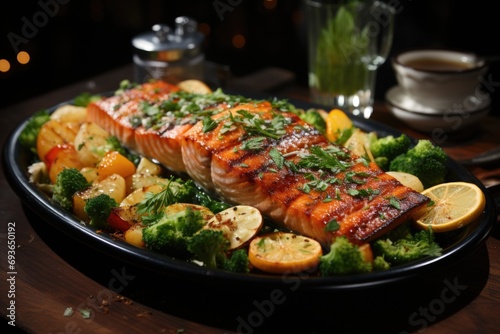 Grilled salmon with vegetables and healthy sauce in a sea restaurant., generative IA