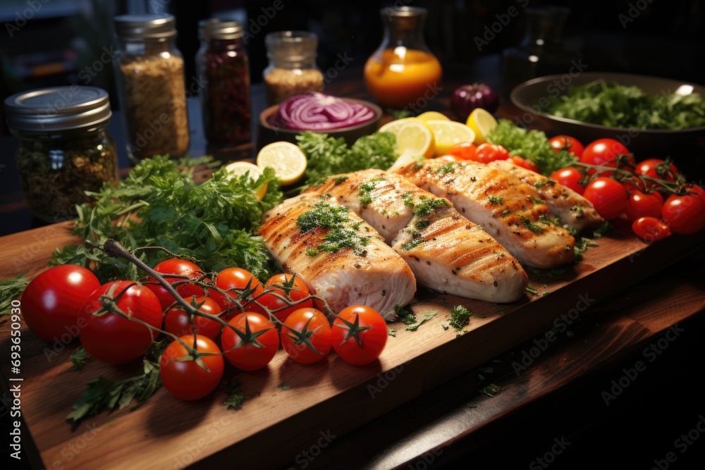 Cutting board with fresh vegetables and grilled chicken in a kitchen counter., generative IA